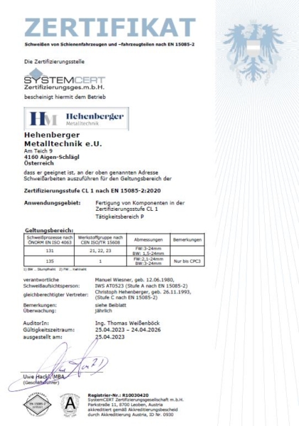 2023 Zertifikat 15085 Hehenberger